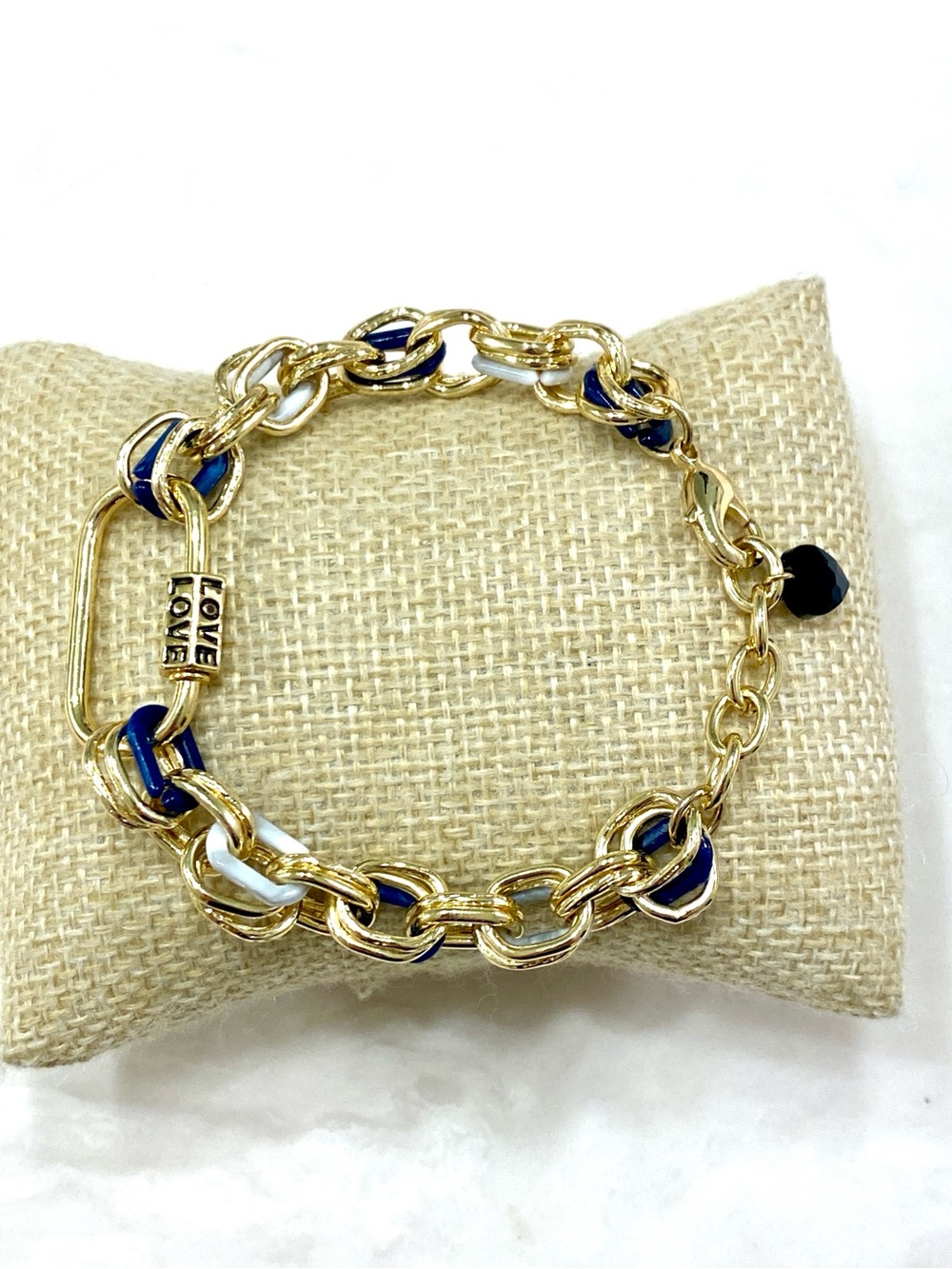 Gold-Tone Bracelet with Blue and White Enamel Links and LOVE Tag
